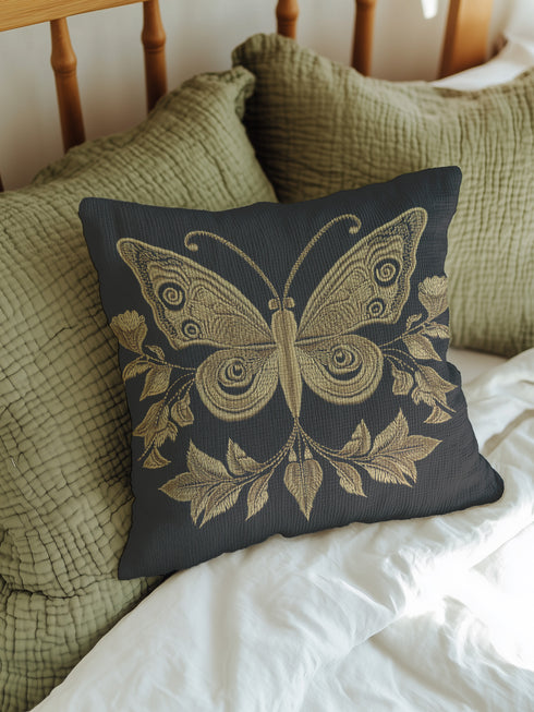 A black woven throw pillow featuring an embroidered gold Hamsa hand surrounded by intricate floral and botanical designs.
